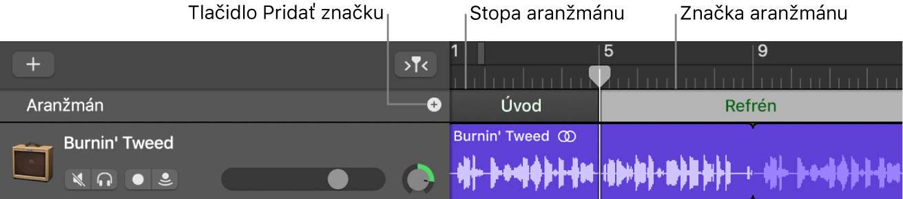 Stopa aranžmánu znázorňujúca tlačidlo Pridať značku a rozsah aranžmánu.