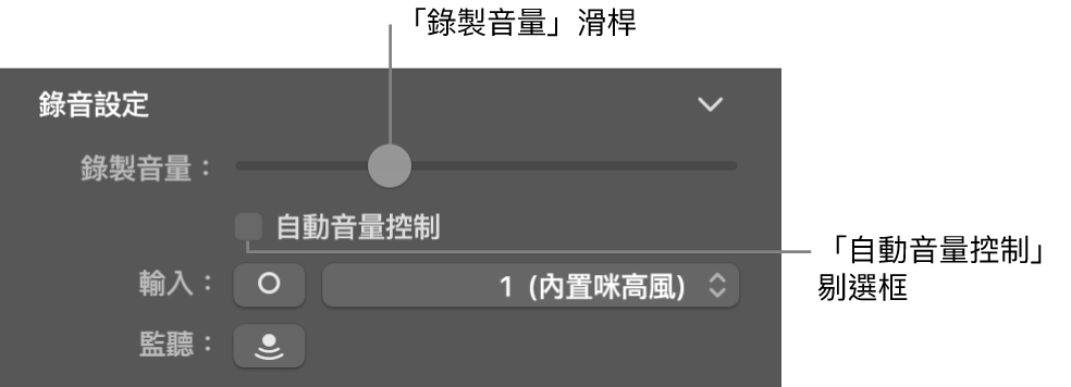 「智慧型控制項目」檢閲器中的「錄製音量」和「自動音量」剔選框。