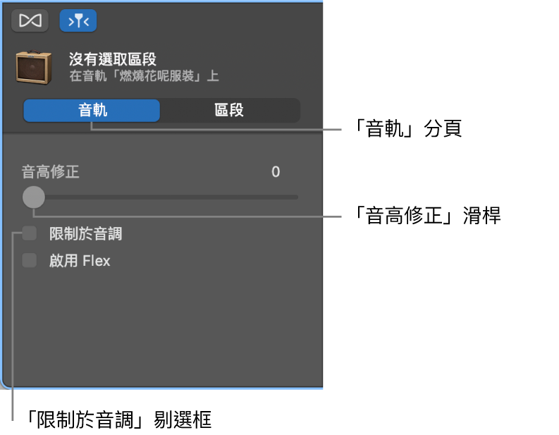 「音軌」模式中的「音訊編輯器」檢閲器，顯示「音高修正」滑桿和「限制於音調」剔選框。