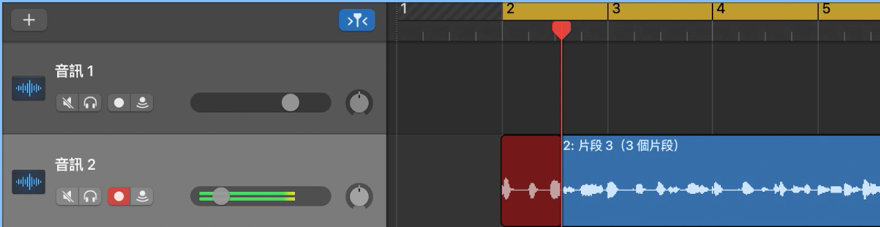 在「音軌」區域中顯示一個片段資料夾錄音。