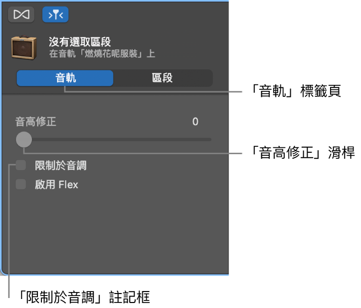 「音軌」模式中的「音訊編輯器」檢閱器，顯示「音高修正」滑桿和「限制於音調」註記框。