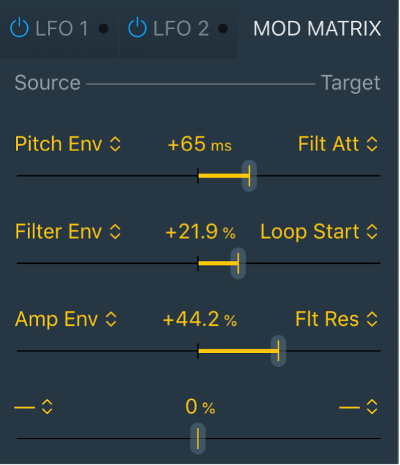 Abbildung. Parameter der Quick Sampler-Controller-Zuweisung mit den Hüllkurven-Zuordnungen.