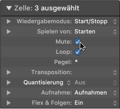 Abbildung. Markierungsfeld „Stumm“ (Mute) im Informationsfenster „Zelle“