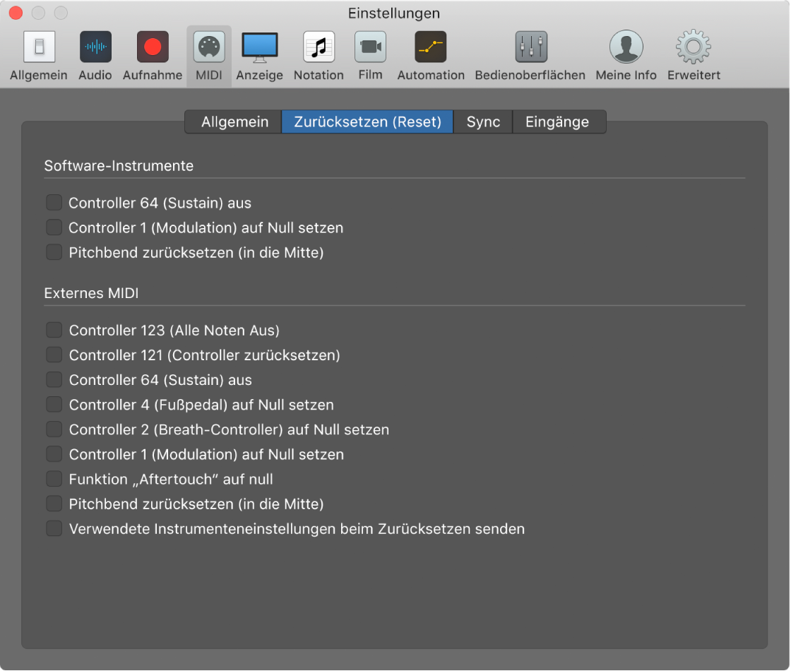 Abbildung. Einstellungen für MIDI-Reset-Befehle