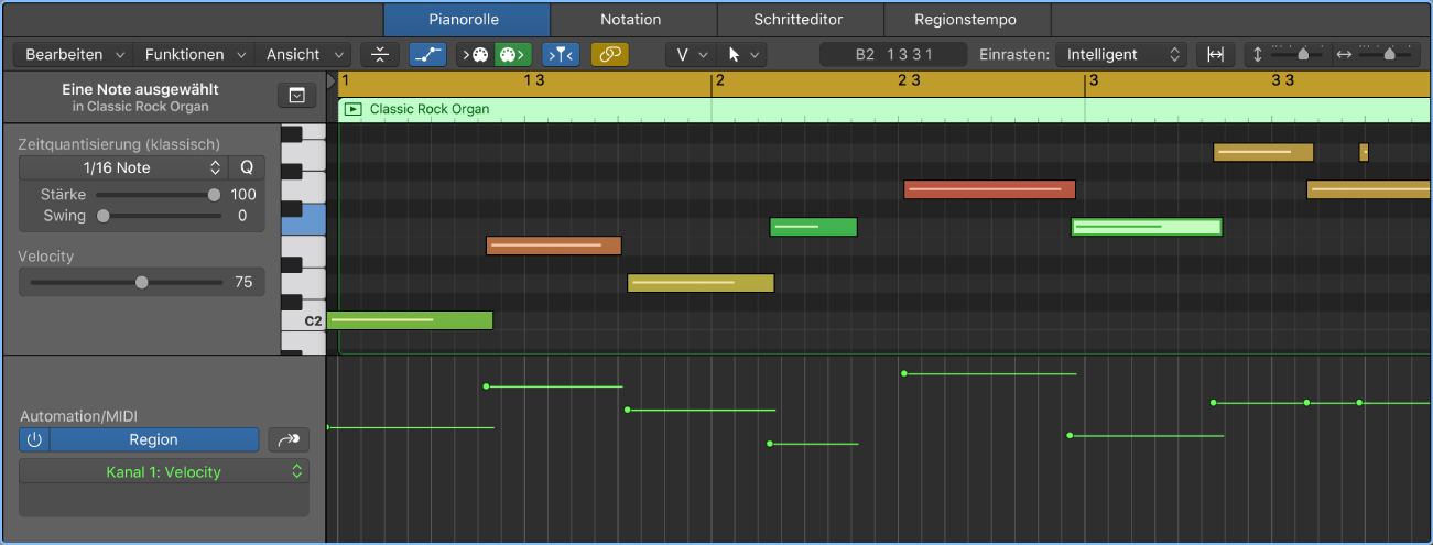 Abbildung. Bereich „Automation/MIDI“ mit regionsbasierter Automation mit MIDI-Parametern