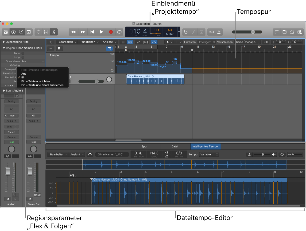 Abbildung. Projekt mit der Aufnahme, dem ausgewählten Modus „Anpassen“, Tempoänderungen in der Tempospur und dem geöffneten Editor „Smart Tempo“