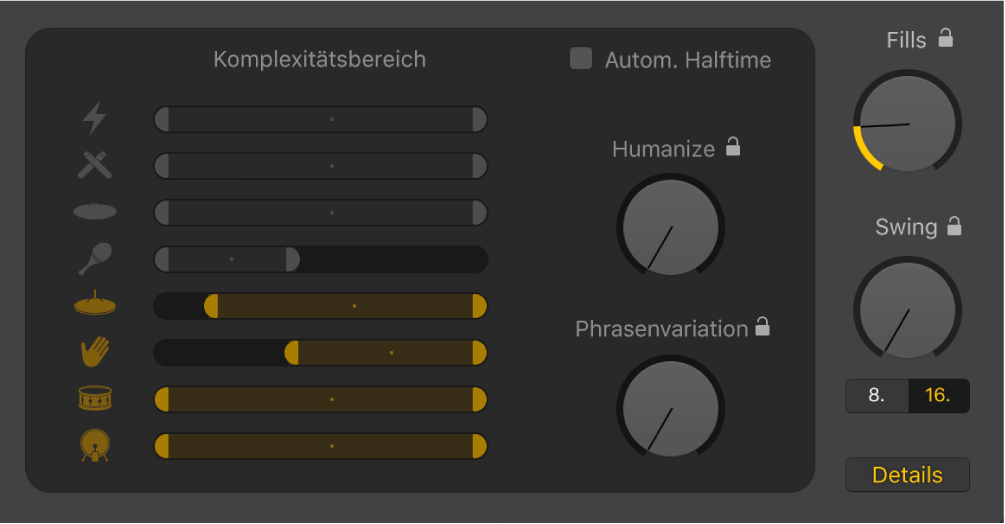 Abbildung. Humanize-Drehregler , Evolution-Drehregler und Regler „Komplexitätsbereich“ im Drummer-Editor