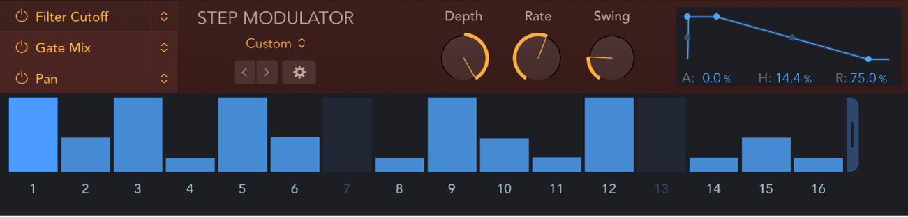 Abbildung. Step-Modulator-Bereich von Step FX mit allen Parametern