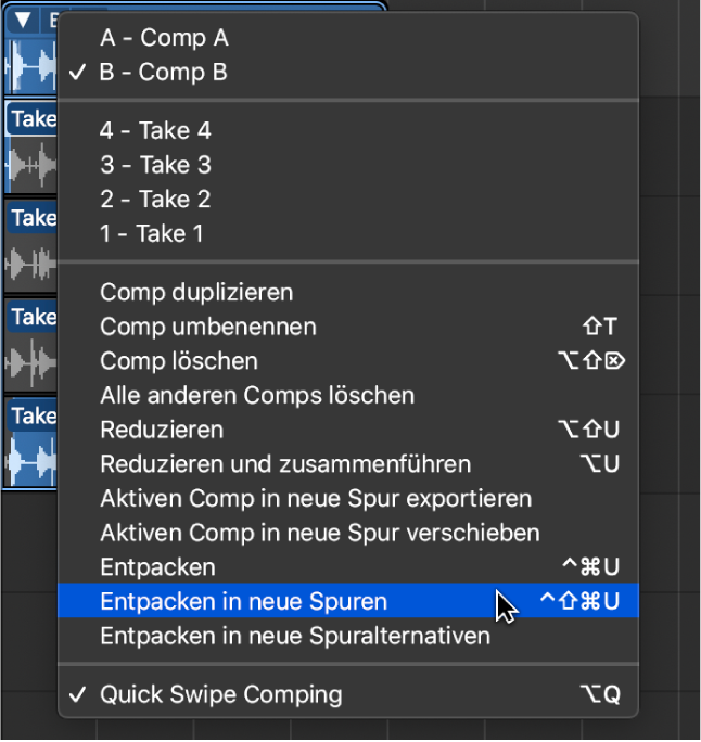 Abbildung. Auswählen von „Entpacken in neue Spuren“ im Einblendmenü