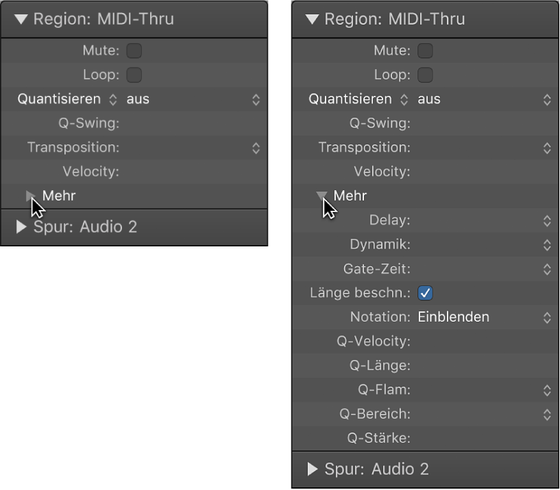 Abbildung. Quantifizierungsparameter für Audio- und MIDI-Regionen im Informationsfenster „Region“