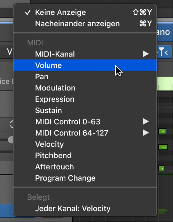 Abbildung. Im Einblendmenü „Automation/MIDI-Parameter“ ausgewählte MIDI-Daten