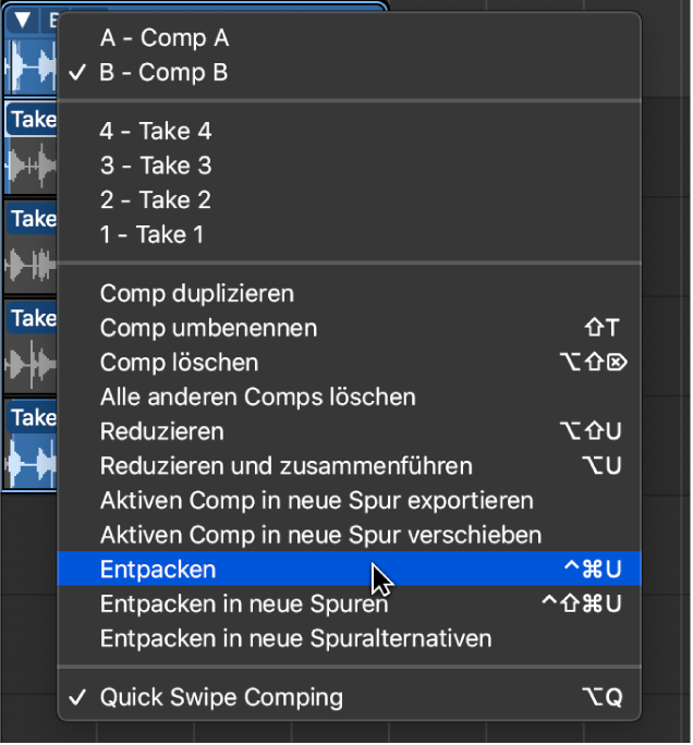Abbildung. Auswählen von „Entpacken“ im Einblendmenü