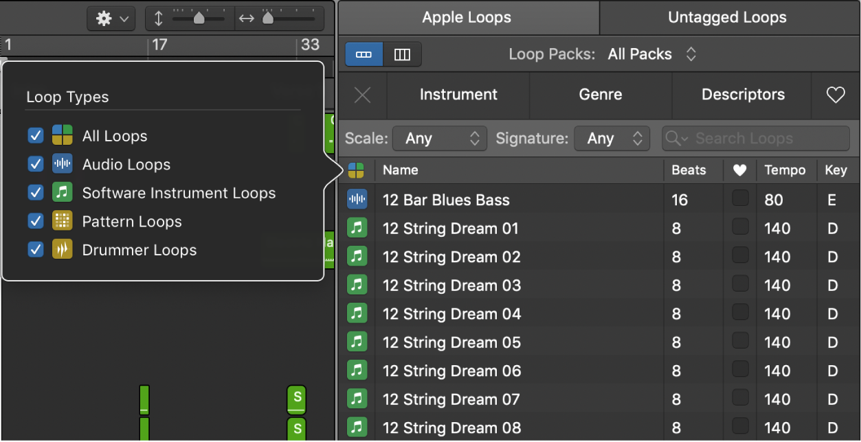 Loop Browser showing Loop Types button and choices.