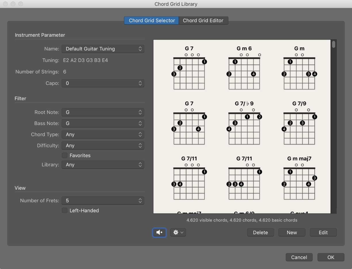 Figure. Chord Grid Selector pane in the Chord Grid Library window.