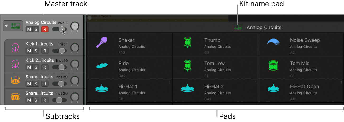 Figure. Drum Machine Designer shown beside corresponding master and subtracks.