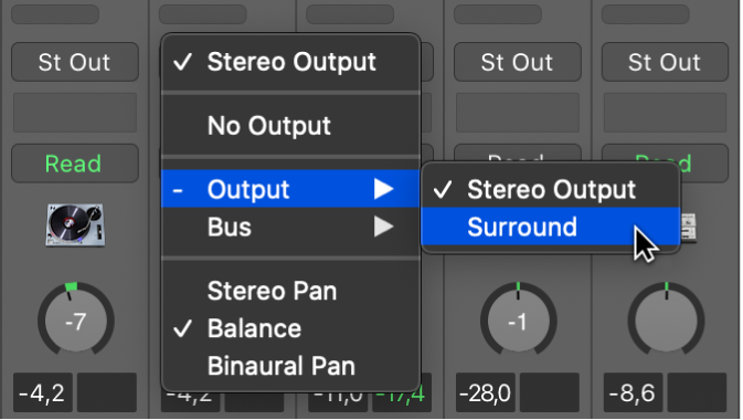 Figure. Choosing Surround from Output pop-up menu on channel strip.