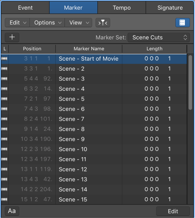 Figure. Marker List showing movie scene markers.