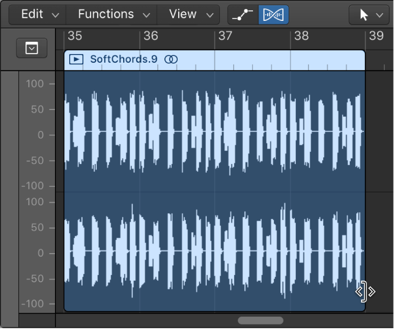 Figure. The trim pointer over the lower-right edge of an audio region in the Audio Track Editor.