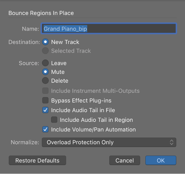 Figure. Bounce Regions in Place dialog.