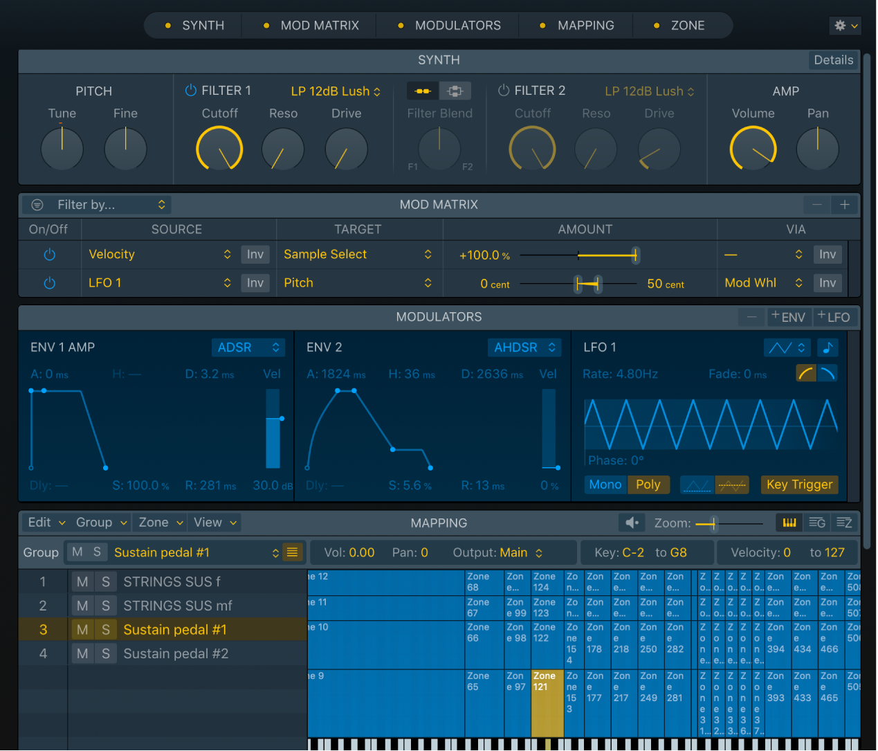 Figure. Sampler interface showing Synth, Mod Matrix, Modulators, and Mapping panes.