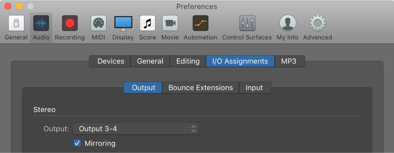 Figure. Output pane in the I/O Assignments pane in the Audio preferences.