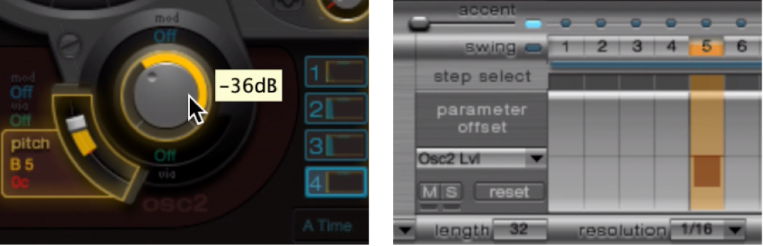 Figure. Oscillator 2 section, and Parameter Offset row.