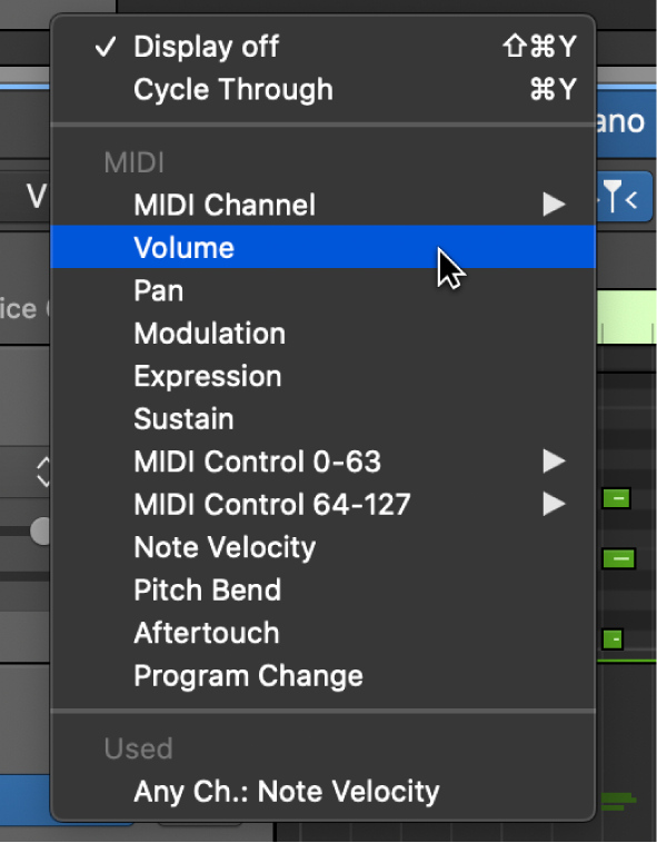 Figure. MIDI data chosen in the Automation/MIDI Parameter pop-up menu.