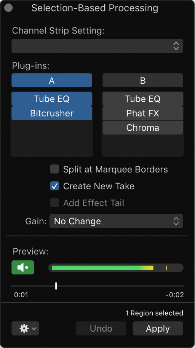 Figure. Selection-Based processing window with Set A active.