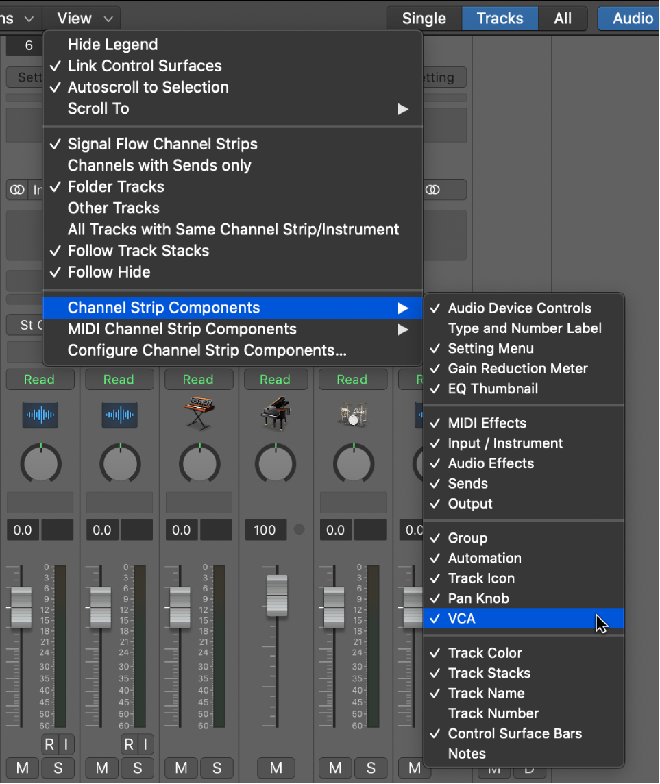 Figure. Channel Strip Components submenu of the Mixer View menu.