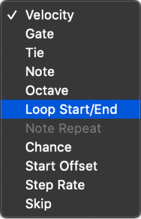 Step Sequencer Edit Mode pop-up menu open in a subrow, showing different edit modes.