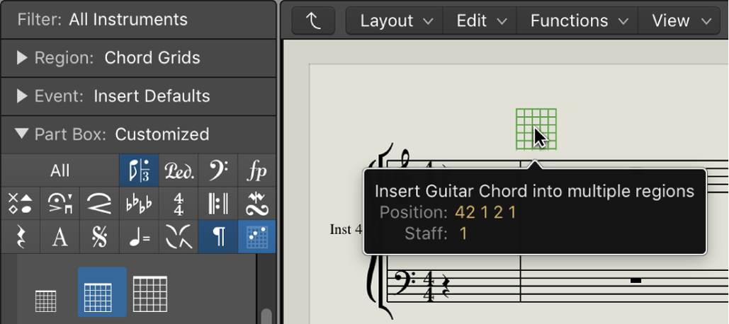 Figure. Dragging a chord grid symbol into the Score Editor.