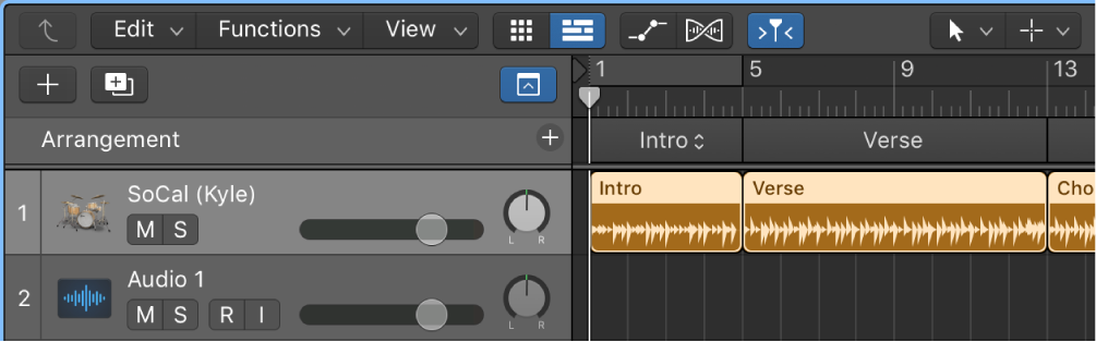 Figure. A Drummer track containing five regions to match the five arrangement markers.