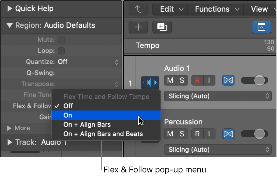 Figure. The Flex & Follow menu in the Region inspector.