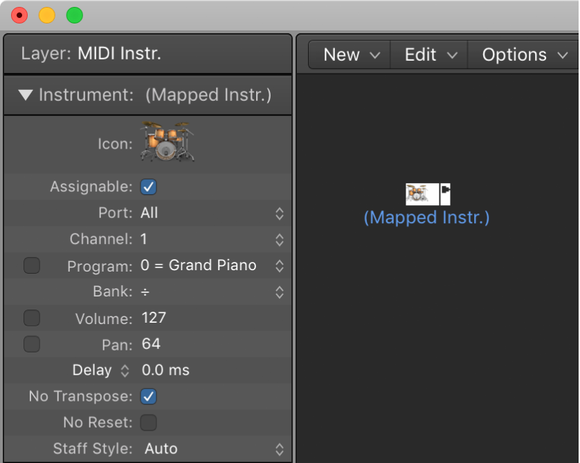 Figure. Environment window showing a mapped instrument object and its inspector.