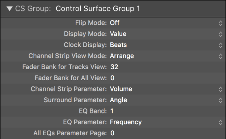 Figure. Picture of Control Surface Group display parameters.