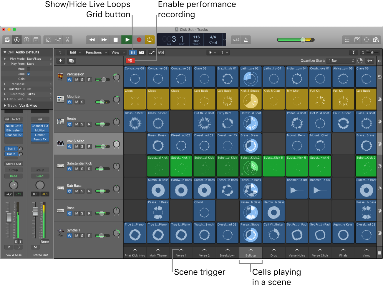 Figure. Live Loops grid with cells playing.