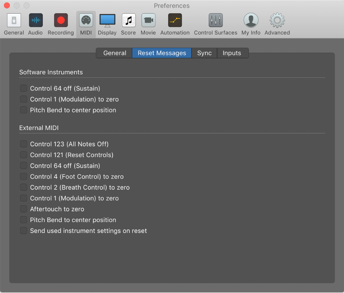 Figure. MIDI Reset Messages preferences.