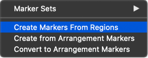 Figure. Marker track showing the Create Markers From Regions menu command.