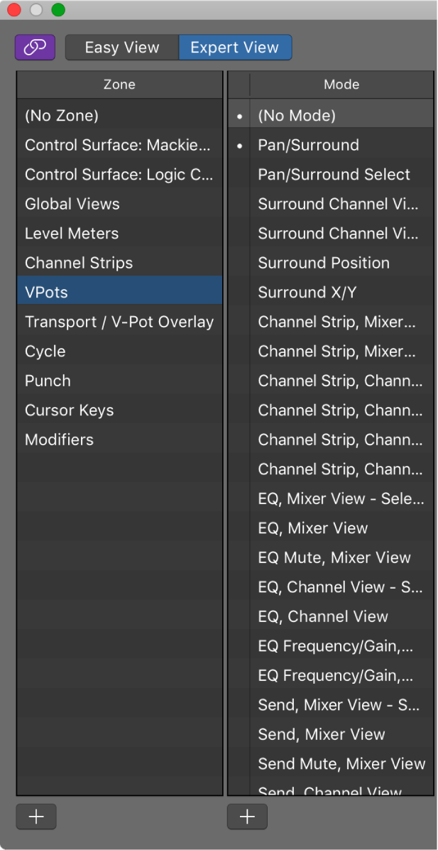 Figure. Zone and Mode Lists in Controller Assignment window.