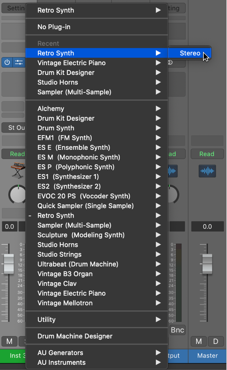 Figure. Choosing an instrument from the pop-up menu.