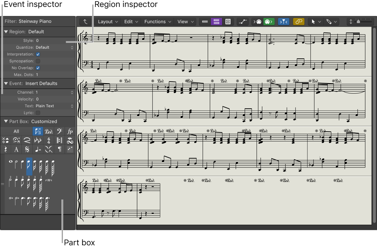 Figure. Event Parameter box, Display Parameter box, and Part box in the Inspector.