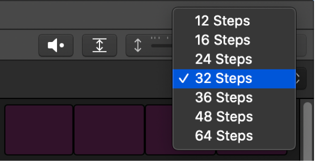 Step Sequencer Pattern Length pop-up menu open, showing choices.