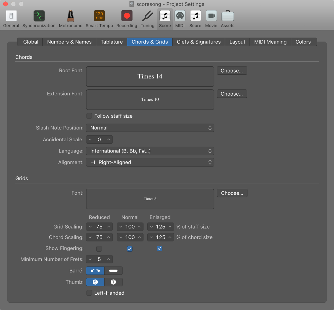 Figure. Chords and Grids pane in the Score project settings.