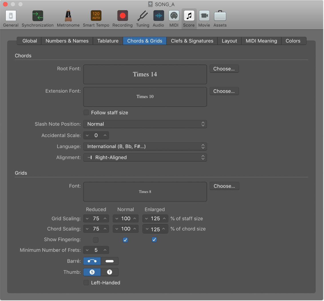 Figure. Chords and Grids settings.