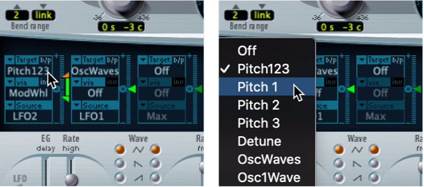 Figure. Via modulation target pop-up menu.