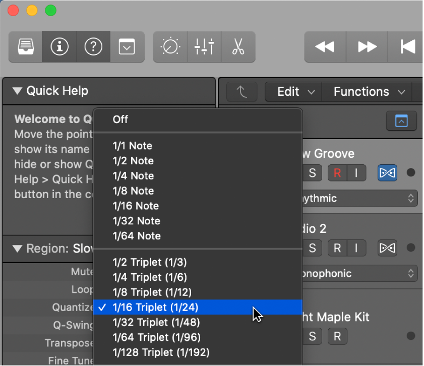 Figure. The Quantize pop-up menu in the Region inspector.