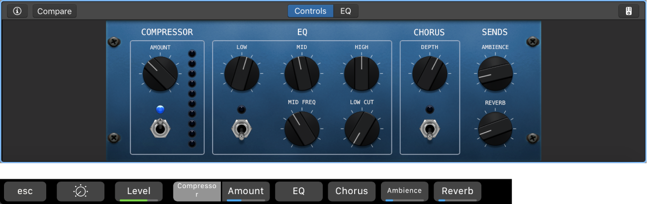 Figure. Acoustic guitar track Smart Controls and dynamic Smart Controls screen shortcuts.