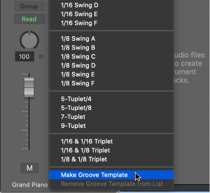 Figure. Make Groove Template selected in the Quantize pop-up menu.