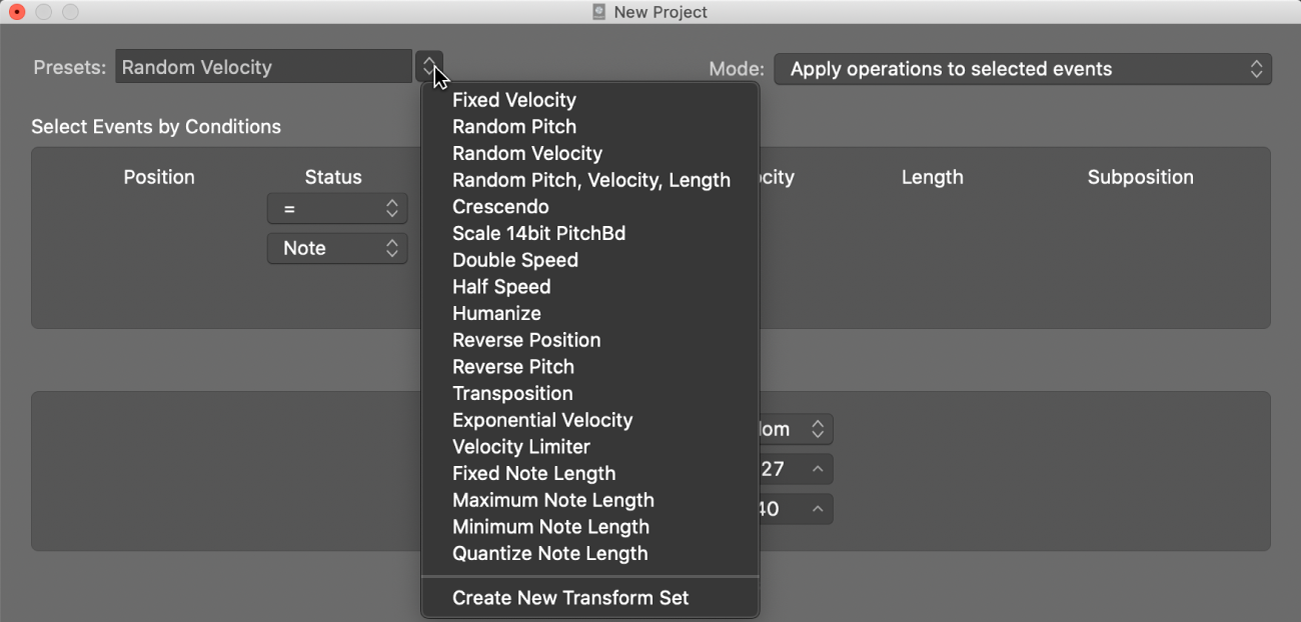 Figure. Transform window showing the Presets menu.