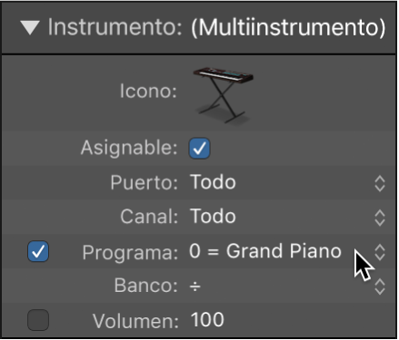 Ilustración. Objeto instrumento estándar con el parámetro y la casilla Programa.